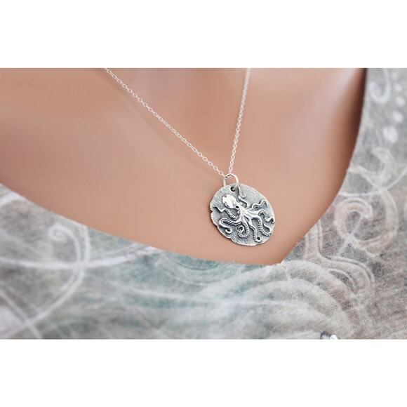 Sterling Silver Octopus Coin Charm Necklace, Octopus Ancient Coin Charm Necklace - Picture 3 of 6
